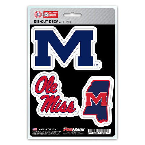 Ole Miss Rebels Set of 3 Die Cut Decal Stickers State Outline Free Shipping
