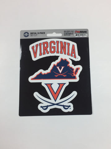 Virginia Cavaliers Set of 3 Die Cut Decal Stickers State Outline Free Shipping!