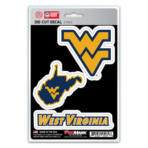 West Virginia Mountaineers Set of 3 Die Cut Decal Stickers State Outline Free Shipping