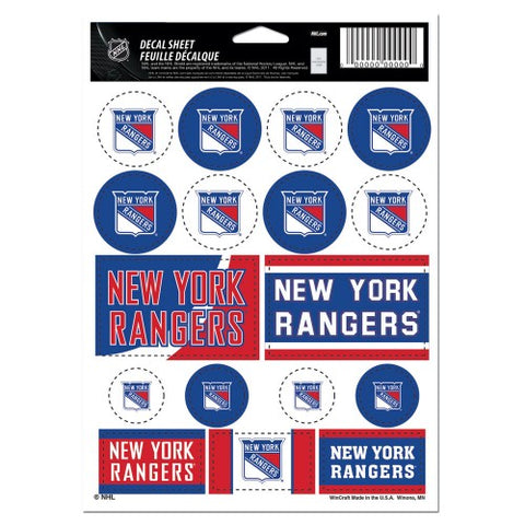New York Rangers Vinyl Sticker Sheet 17 Decals 5x7 Inches