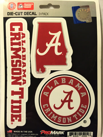 Alabama Crimson Tide Set of 3 Die Cut Decal Stickers State Outline Free Shipping