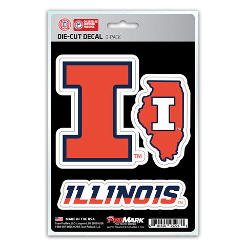 Illinois Fighting Illini Set of 3 Die Cut Decal Stickers State Outline Free Shipping