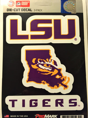 LSU Tigers Set of 3 Die Cut Decal Stickers State Outline Free Shipping!