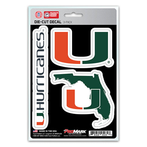 Miami Hurricanes Set of 3 Die Cut Decal Stickers State Outline Free Shipping!