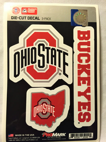 Ohio State Buckeyes Set of 3 Die Cut Decal Stickers State Outline Free Shipping