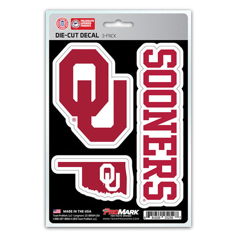 Oklahoma Sooners Set of 3 Die Cut Decal Stickers State Outline Free Shipping