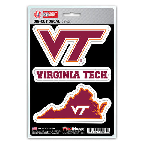 Virginia Tech Hokies Set of 3 Die Cut Decal Stickers State Outline Free Shipping!