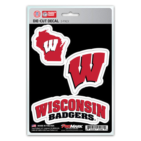 Wisconsin Badgers Set of 3 Die Cut Decal Stickers State Outline Free Shipping